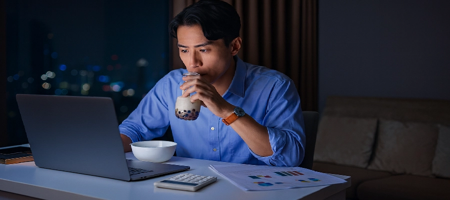 Homem usando o computador para pesquisar se o leite 