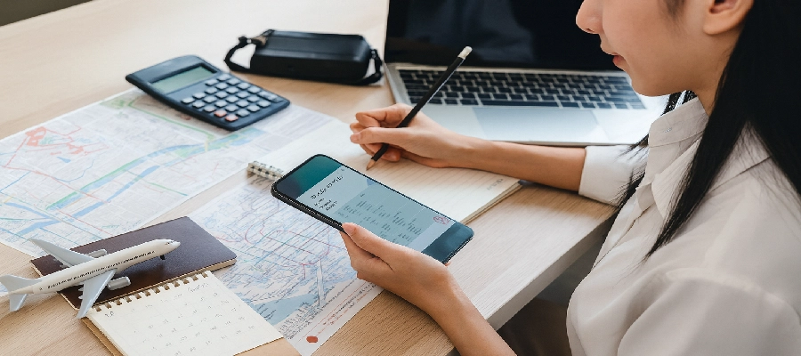 Mulher jovem planejando o roteiro de viagem para as f